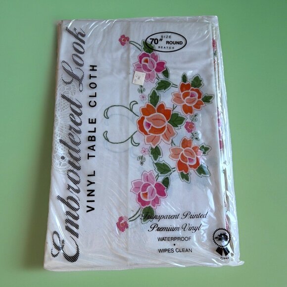 Vintage Embroidered Look Vinyl Tablecloth 70" Round Floral Transparent Printed